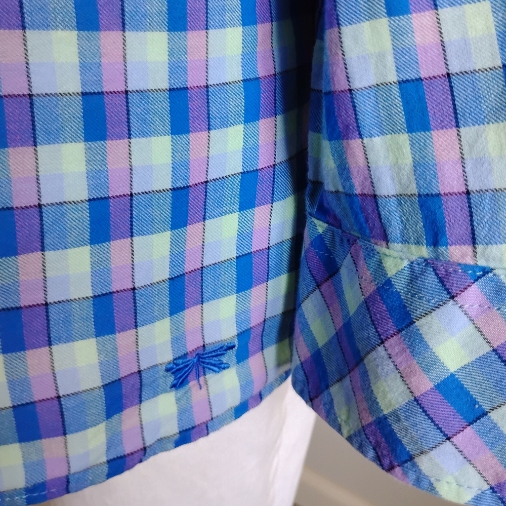 Talbots 100% Cotton Plaid Button Up Shirt Blue Purple Colorful Classic Sz Large - Picture 11 of 15